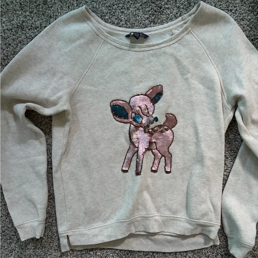 American Eagle Outfitters Light Gray Crewneck Sweater with Sequin Deer Detail